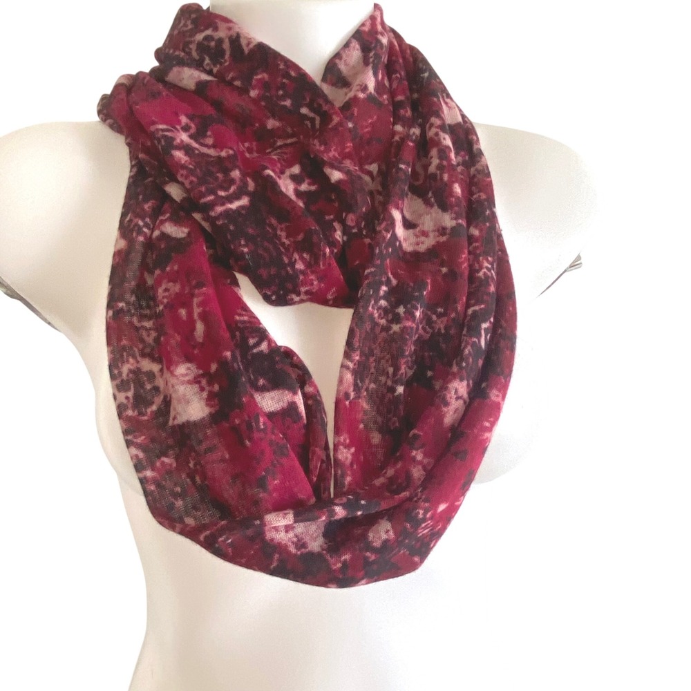 Burgundy Red Abstract Print Infinity Scarf Lightweight Knit Loop WSL46280